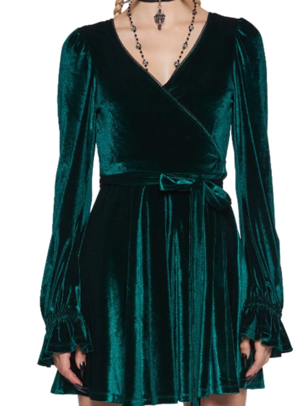 New Widow BORN ALCHEMIST Dolls Kill Green Velvet Wrap Mini Dress M V-Neck
